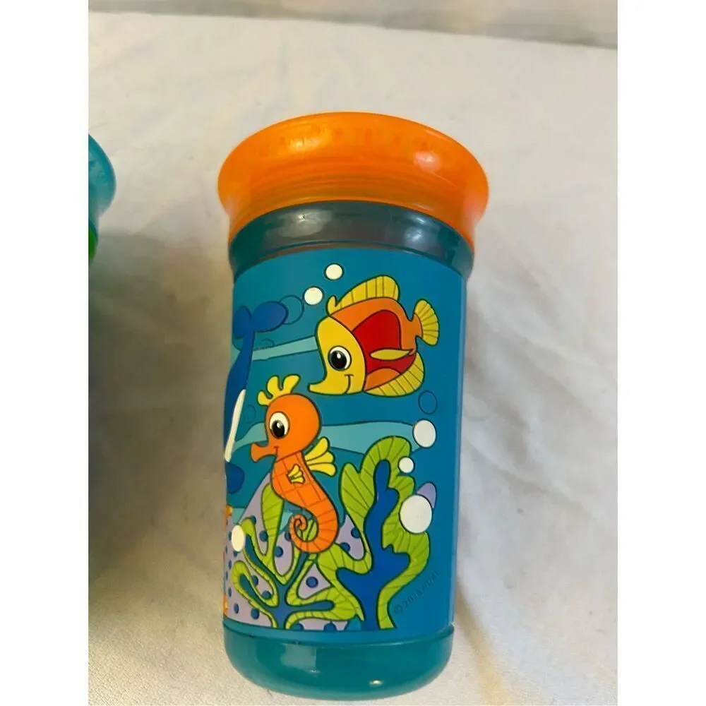 2 Nuby sippy cups Monkey & Sea‎ Creature Blue Orange lot 2016